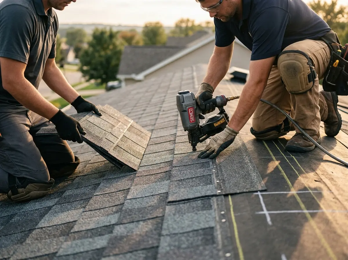 Professional roofer working on a residential roof in Nether Providence